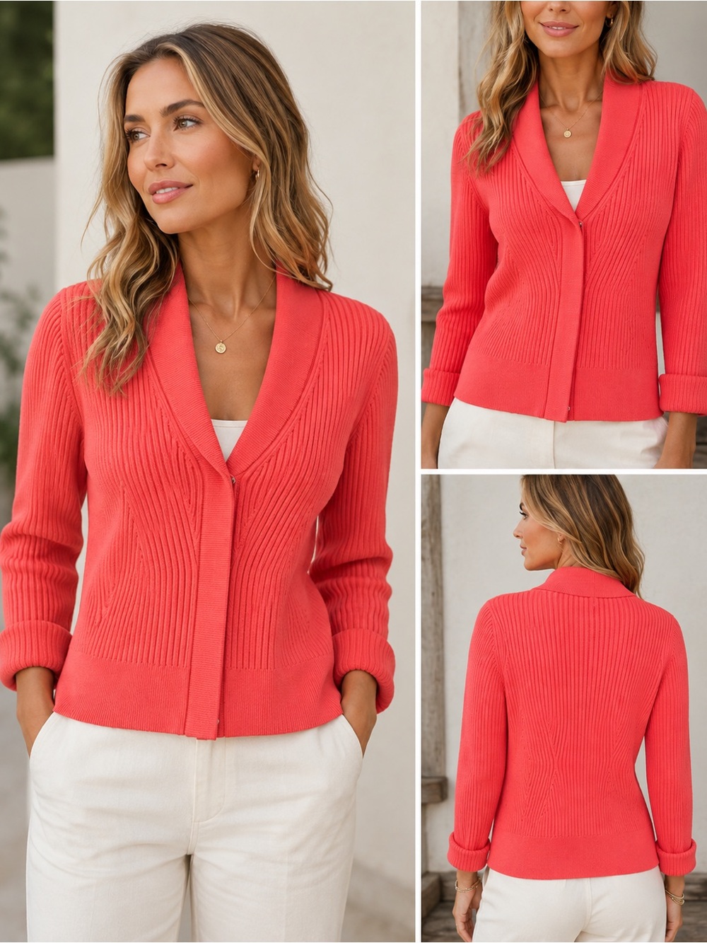 CAbi Coral Pink Ribbed Knit Snap Front Cardigan Sweater Size Small